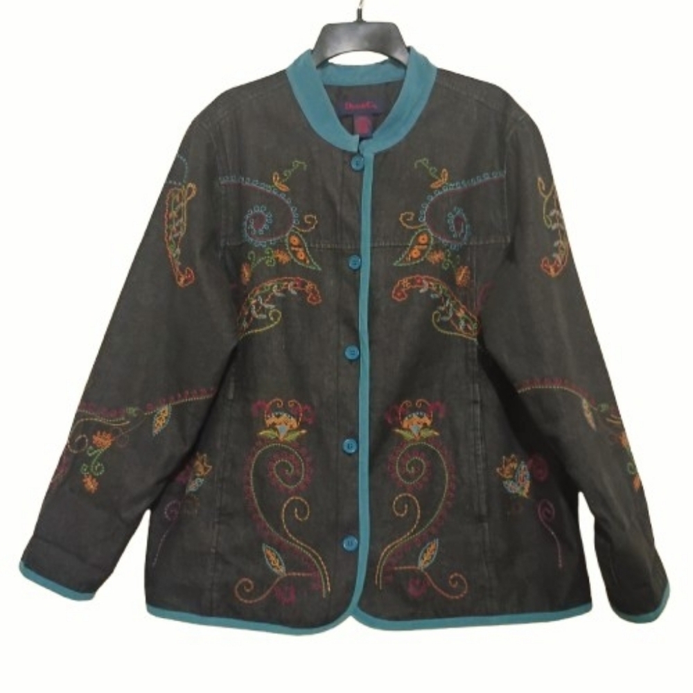 Denim & Co Floral Paisley Embroidered Artisian Inspire Vtg Jean Jacket Lge Boho - Picture 3 of 16